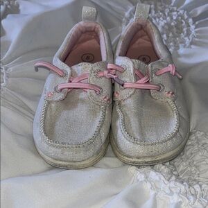 Pink and Cream Moccasin Style Shoes with Textured Fabric